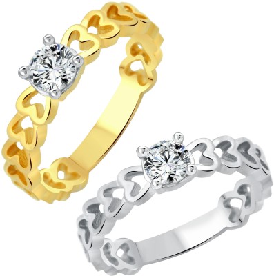 VIGHNAHARTA Classic Solitaire Heart Selfie Alloy Cubic Zirconia Gold Plated Ring Set