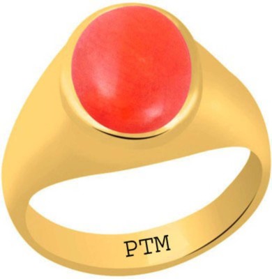 PTM Certified Coral (Moonga) Gemstone 3.25 Ratti or 2.96 Carat for Male Panchdhatu Gold Plated Alloy Ring