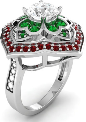 

Ciemme Gemstone Collection Emerald & Ruby Flower Cocktail Silver Emerald 18K White Gold Plated Ring