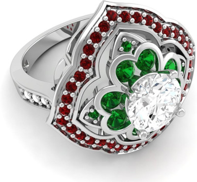 

Ciemme Gemstone Collection Emerald & Ruby Flower Cocktail Silver Emerald 18K White Gold Plated Ring