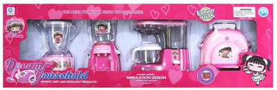 

Tickles Pink Mini Battery Operated Household Set of 4 Juicer + Water Dispenser + Mixer + Toaster Toy 3 Years Plus