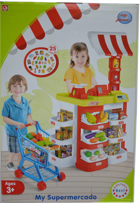

Taaza Garam Super Market Stall with Shopping trolley and checkout cashier Kitchen Set large Role Play high quality for Kids toy gift