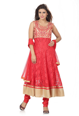 Ishin Self Design Kurta & Salwar(Stitched, Red