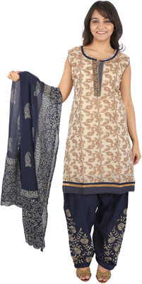 

Galaxy Embroidered Kurta & Churidar(Stitched, Beige;navy blue