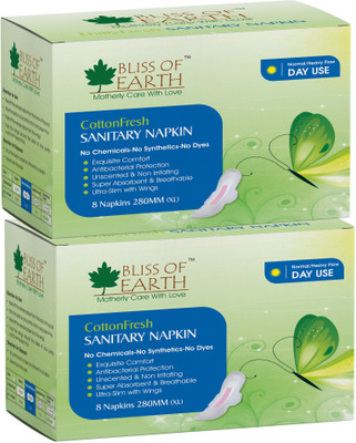 

Bliss of Earth 280MM CottonFresh Sanitary Napkin For Light to Heavy Flow (Pack of 2) Total 16 Counts Sanitary Pad(Pack of 2)