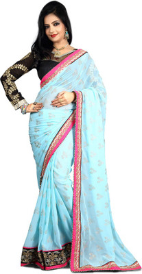 

Party Wear Dresses Embroidered Fashion Georgette Saree(Blue, Black), Black;blue