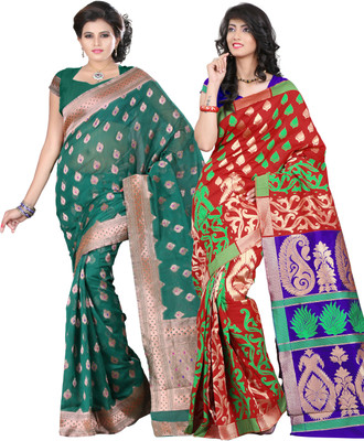 

It's Banii Woven Banarasi Handloom Banarasi Silk Saree(Pack of 2, Green, Red)