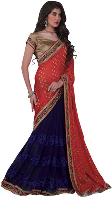 

Saara Embroidered Fashion Chiffon Saree(Orange, Blue), Blue;orange