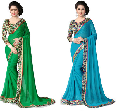 

Indianbeauty Self Design, Solid Fashion Chiffon Saree(Pack of 2, Light Blue, Dark Green), Green;sky blue
