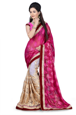 

Indianbeauty Self Design, Embroidered Bollywood Jacquard, Net Saree(Pink, Beige), Beige;pink