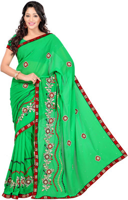 

Desi Butik Embroidered Fashion Art Silk Saree(Green, Red)