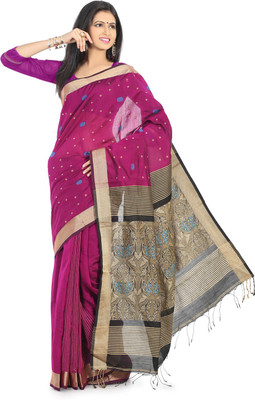 

Crochetin Woven Chanderi Handloom Chanderi Saree(Magenta, Black, Gold, Blue), Dark magenta mixed with golden black