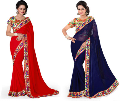 

Indianbeauty Solid, Printed Fashion Chiffon Saree(Pack of 2, Red, Blue), Blue;red