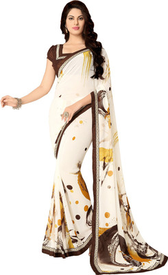

Saara Printed Fashion Georgette Saree(White, Brown), Off-white & brown