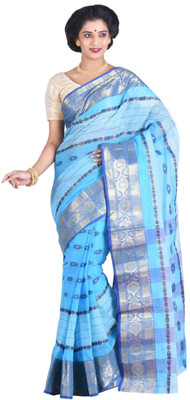 

Purabi Woven Tant Handloom Cotton Saree(Blue, Red)