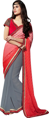 Khushali Self Design, Embellished Fashion Chiffon Saree(Grey, Red)