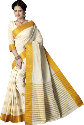 

Ishin Polka Print Fashion Cotton Saree(Beige), White