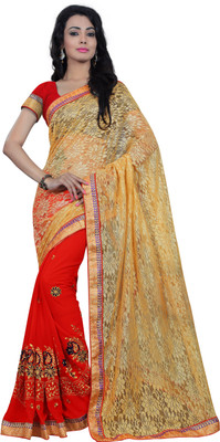 

Chirag Sarees Embroidered Fashion Net Saree(Multicolor), Red