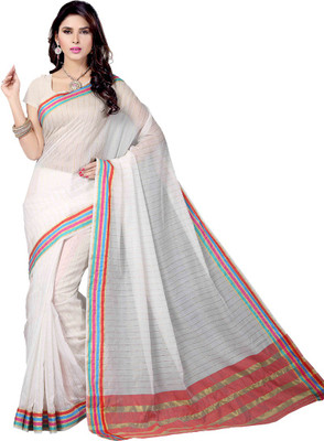 

Rani Saahiba Striped Chettinadu Cotton Saree(White), Red