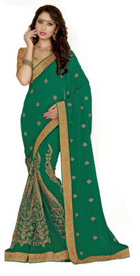 

Khoobee Self Design, Embroidered Fashion Georgette Saree(Green)