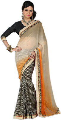

V And V Shop Printed Fashion Handloom Georgette Saree(Black), Black;cream;orange
