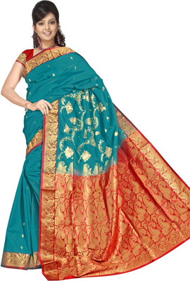 

JagannathSaree Embroidered Bollywood Silk Saree(Blue, Red)