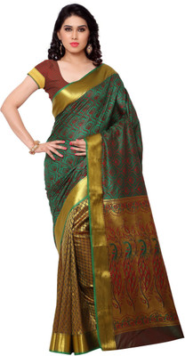 

Varkala Silk Sarees Woven Paithani Saree(Dark Green, Red), Rama and red