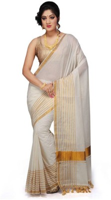 Selvamani Tex Solid/Plain Mundum Neriyathum Handloom Cotton Blend Saree(Gold)