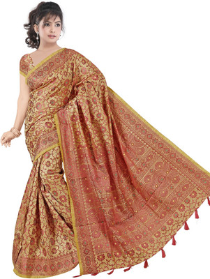 

JagannathSaree Self Design Fashion Silk Saree(Beige, Red