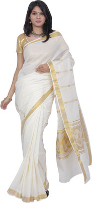 

Fashionkiosks Solid Fashion Handloom Cotton Saree(White), White gold
