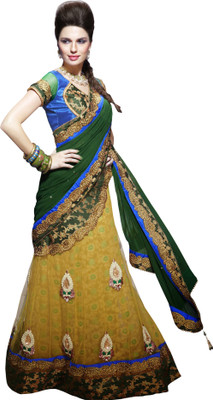 

Khoobee Self Design, Embroidered, Embellished Fashion Net, Jacquard, Georgette Saree(Dark Green, Yellow)