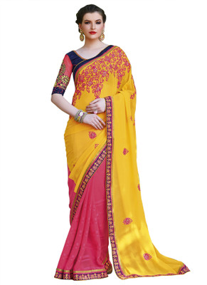 

Khoobee Self Design, Embroidered, Embellished Fashion Georgette Saree(Yellow, Pink, Blue), Blue;pink;yellow
