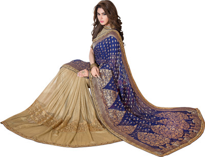 

Khushali Self Design, Embroidered Fashion Net Saree(Blue, Beige), Beige;blue