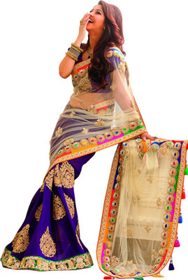 

Saumya Designer Embroidered Fashion Net, Georgette Saree(Beige, Blue)