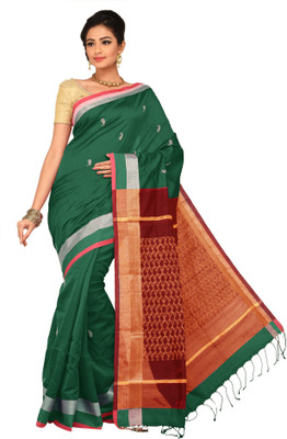 Sangam Kolkata Embellished Tant Cotton Saree(Dark Green)