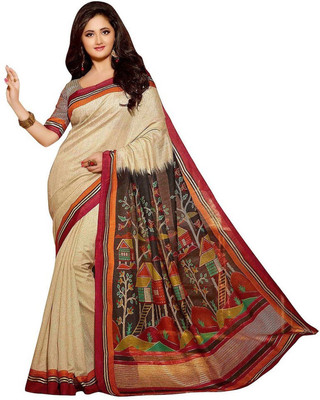 

Kesar Sarees Printed Bhagalpuri Art Silk Saree(Beige)