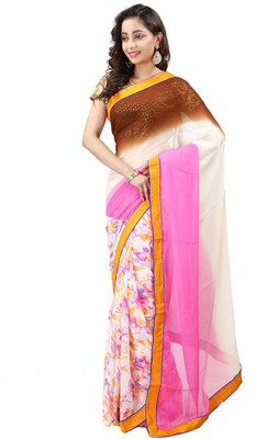 

Hawai Floral Print Daily Wear Chiffon Saree(Multicolor), Pink-white