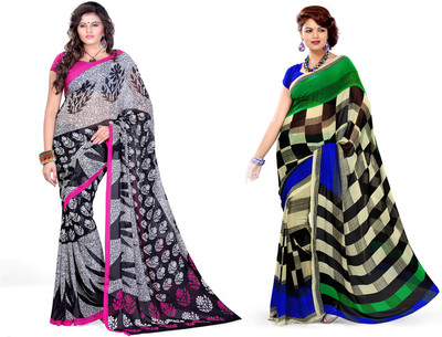 

EthnicQueen Floral Print, Geometric Print Fashion Georgette Saree(Pack of 2, Black, Beige), Beige;black