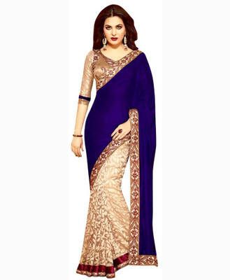 

Dancing Girl Solid Bollywood Velvet Saree(Blue, Beige)