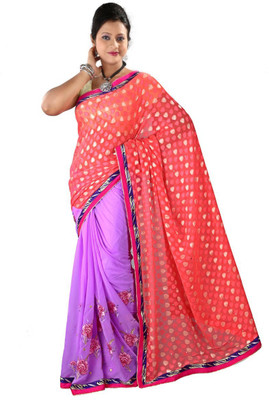 

Hawai Embroidered Fashion Chiffon Saree(Orange, Purple)