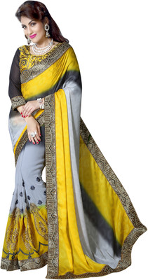 

Khoobee Self Design, Embroidered, Embellished Fashion Georgette, Crepe, Jacquard Saree(Yellow, Grey), Grey;yellow