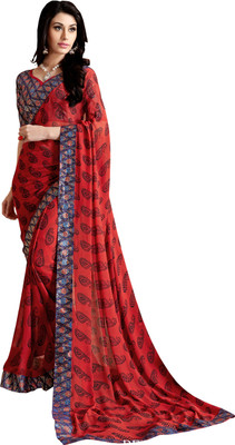 

Khushali Self Design, Printed Fashion Georgette Saree(Red, Black), Black;red