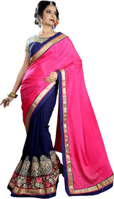 

Indian Wear Online Embroidered Fashion Georgette, Chiffon Saree(Pink, Dark Blue), Dark blue;pink