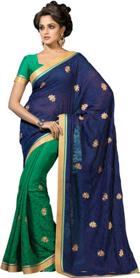 

Manthan Embroidered Daily Wear Satin Saree(Green, Blue), Green & navy blue