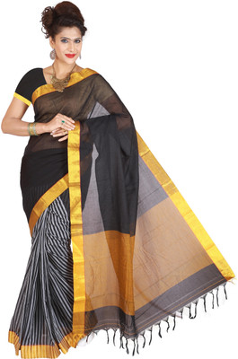 

Right Shape Striped Bollywood Handloom Cotton Saree(Black)