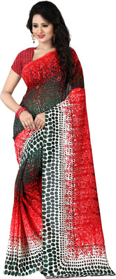 Heena Printed Bollywood Georgette Saree(Red, Black), Black;red
