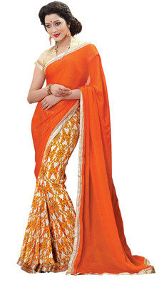 Jiya Self Design, Printed Fashion Chiffon Saree(Orange, Multicolor), Multicolor;orange
