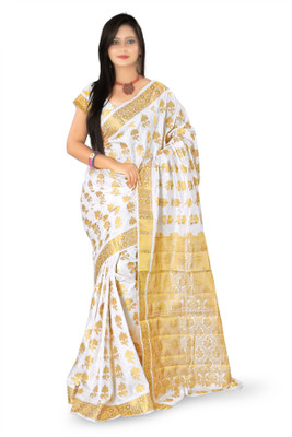 

Mimosa Self Design Kanjivaram Silk, Jacquard Saree(White, Gold