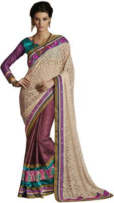 

Desi Butik Self Design Fashion Crepe Saree(Multicolor), Beige;maroon