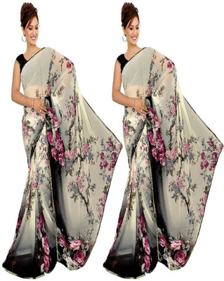 

Kalaa Varsha Floral Print Daily Wear Synthetic Georgette Saree(Pack of 2, White, Black), Black;white